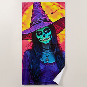 Halloween Witch with Skull Face Design Beach Towel
