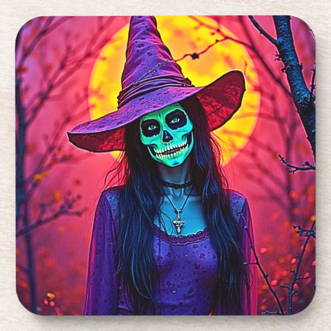 Halloween Witch with Skull Face Design Coaster (Front)