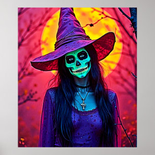 Halloween Witch with Skull Face Design Poster