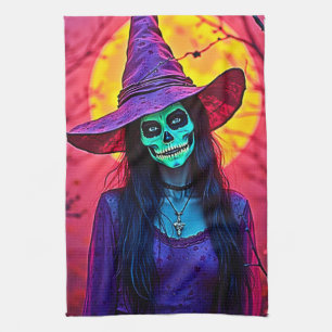 Halloween Witch with Skull Face Design Tea Towel