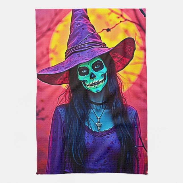 Halloween Witch with Skull Face Design Tea Towel (Vertical)