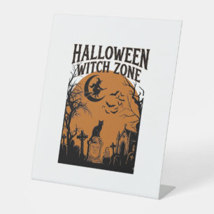 Halloween Witch Zone Black Cat Graveyard Bats Moon Pedestal Sign
