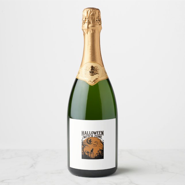 Halloween Witch Zone Black Cat Graveyard Bats Moon Sparkling Wine Label (Front)