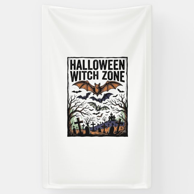 Halloween Witch Zone Vintage Graveyard Bats Design Banner (Vertical)