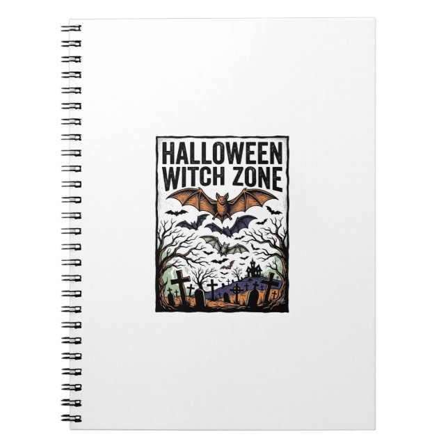 Halloween Witch Zone Vintage Graveyard Bats Design Notebook (Front)