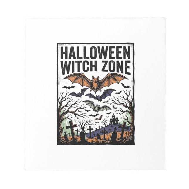 Halloween Witch Zone Vintage Graveyard Bats Design Notepad (Front)
