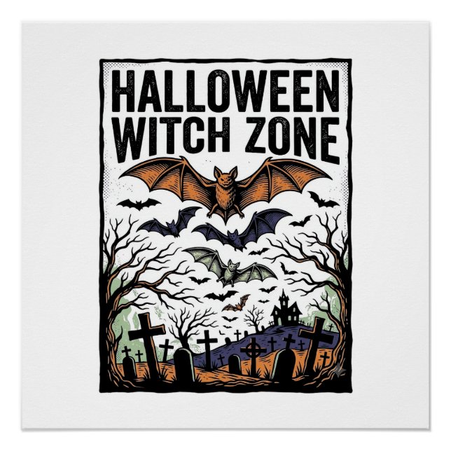 Halloween Witch Zone Vintage Graveyard Bats Design Poster (Front)