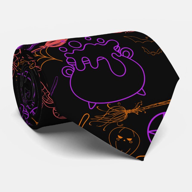 Halloween Witchcraft Pattern Neon 01 Black BG Tie (Rolled)