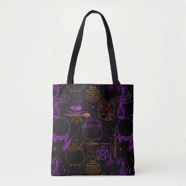 Halloween Witchcraft Pattern Neon 01 Black BG Tote Bag (Front)