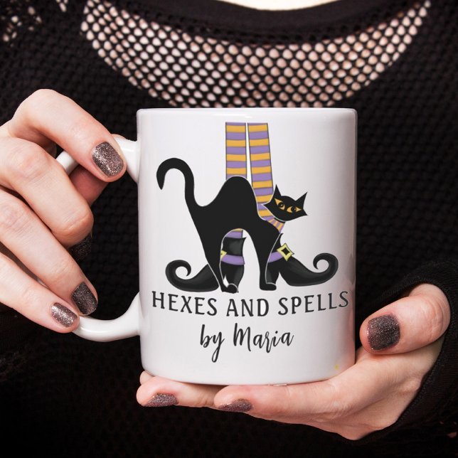 Halloween Witches Black Cat Cute Cute Script Coffe Coffee Mug (Cute whimsical Halloween witch with black cat. customized with name. )