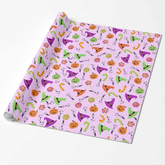 Halloween Witch's Hat Candy & Pumpkins 3 Wrapping Paper (Unrolled)