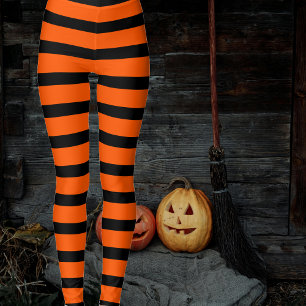 Halloween Witch's Orange Black Striped Stockings Leggings
