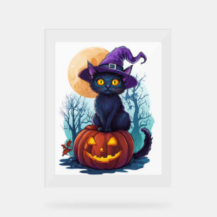 Halloween Witchy Cat on a Pumpkin Acrylic Sign