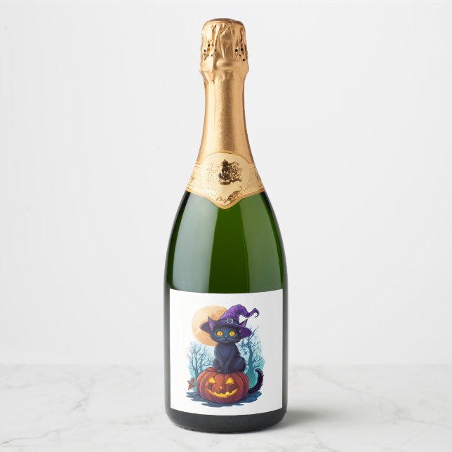 Halloween Witchy Cat on a Pumpkin Sparkling Wine Label (Front)