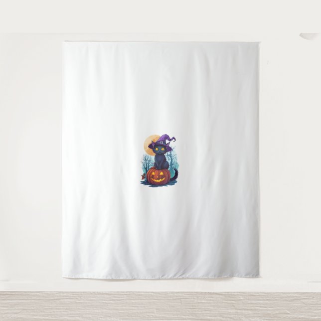 Halloween Witchy Cat on a Pumpkin Tapestry (Front)