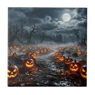 Halloween with Creepy Trees and Jack O Lanterns Tile