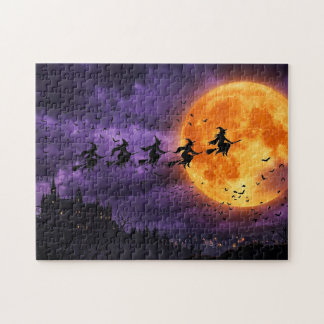 Halloween with Moon and Witch Jigsaw Puzzle