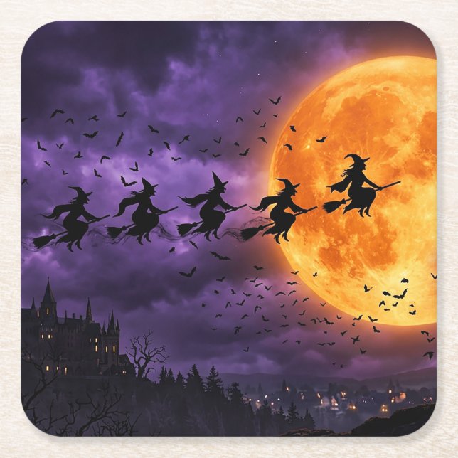 Halloween with Moon and Witch Square Paper Coaster (Front)