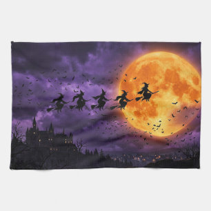 Halloween with Moon and Witch Tea Towel