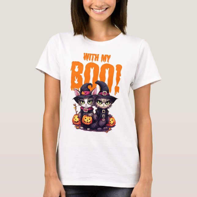 Halloween With My Boo Cat Couple with Pumpkin  T-Shirt (Front)