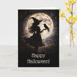 Halloween with Pretty Witch and Raven Silhouetted  Card