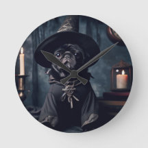 Halloween Wizard Black Pug Round Clock