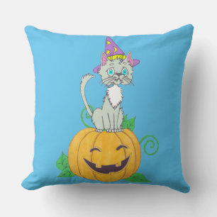 Halloween Wizard Cat on Pumpkin Cushion