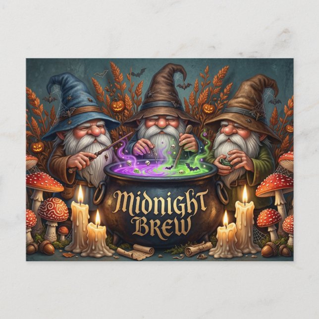 Halloween Wizard Gnomes Midnight Brew Cauldron Holiday Postcard (Front)