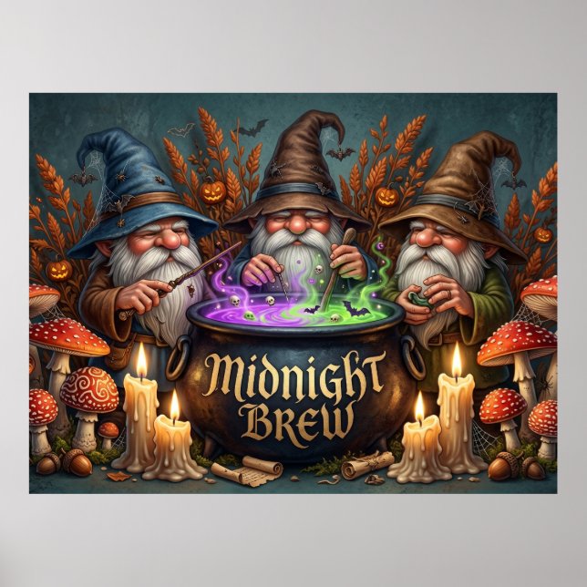 Halloween Wizard Gnomes Midnight Brew Cauldron Poster (Front)