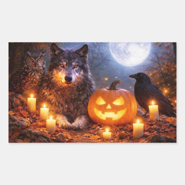 Halloween Wolf Owl and Raven Pumpkins Enchanting Rectangular Sticker (Front)