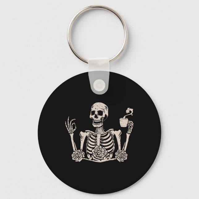 Halloween Women Men Funny Skeleton Drinking Coffee Key Ring (Front)
