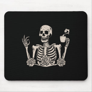 Halloween Women Men Funny Skeleton Drinking Coffee Mouse Pad