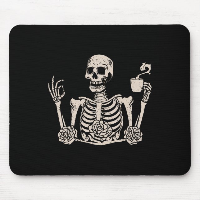 Halloween Women Men Funny Skeleton Drinking Coffee Mouse Pad (Front)