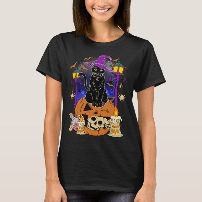 Halloween  Women Men Kids Halloween Black Cat Pump T-Shirt (Front)