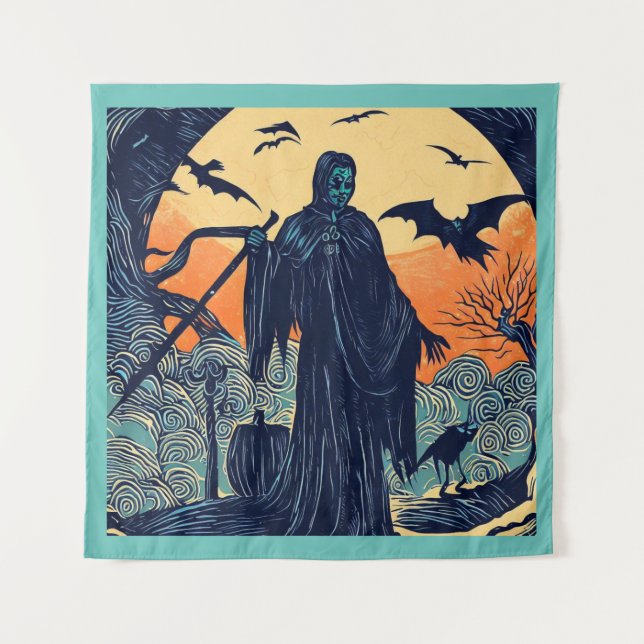 Halloween - Woodcut Style 3 Tapestry (Front)