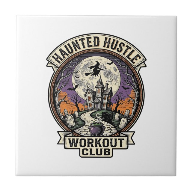 Halloween Workout Shirt Haunted Hustle Engraving A Tile (Front)