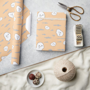 Halloween Wrapping Paper with Cute Ghost and Cloud
