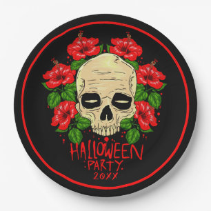 Halloween Year 20xx Skull Red Hibiscus Black 9" Paper Plate