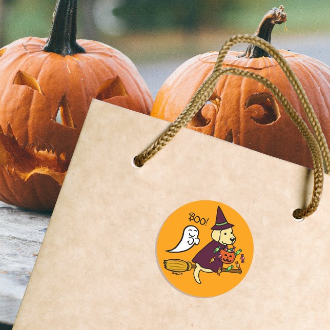 Halloween Yellow Labrador and Broom Classic Round Sticker (Halloween Yellow Labrador and Broom Stickers for Labrador Owners.  Cute Cartoon Design.)