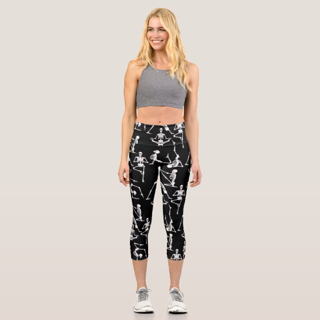halloween yoga skeletons black capri leggings (Front)