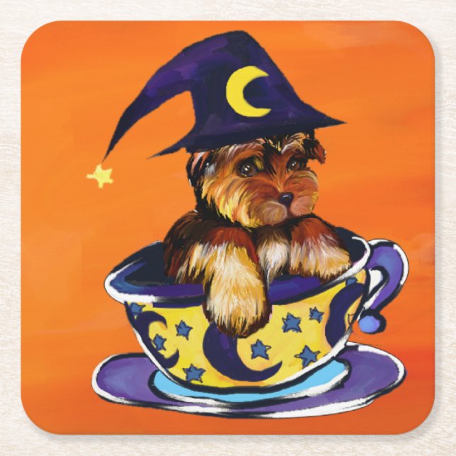 Halloween Yorkie Poo Square Paper Coaster (Front)
