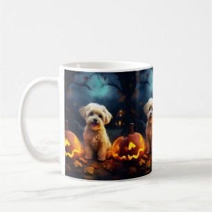 Halloween Yorkipoo With Pumpkins Scary Coffee Mug