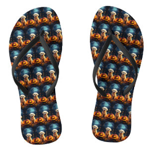 Halloween Yorkipoo With Pumpkins Scary Jandals