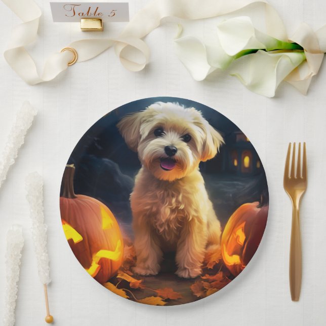 Halloween Yorkipoo With Pumpkins Scary Paper Plate (Wedding)