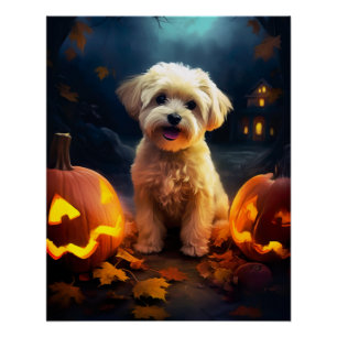 Halloween Yorkipoo With Pumpkins Scary Poster