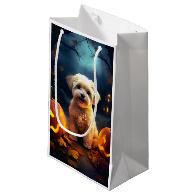 Halloween Yorkipoo With Pumpkins Scary Small Gift Bag (Front Angled)