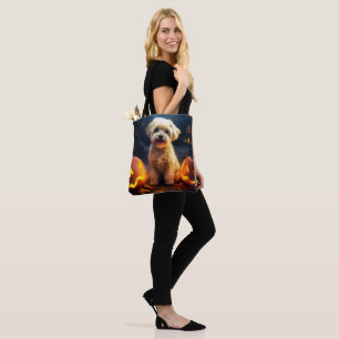 Halloween Yorkipoo With Pumpkins Scary Tote Bag