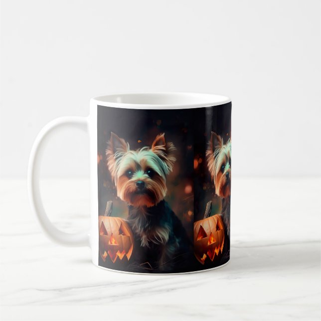 Halloween Yorkshire Terrier With Pumpkins Scary Coffee Mug (Left)