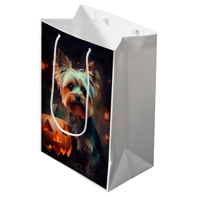 Halloween Yorkshire Terrier With Pumpkins Scary Medium Gift Bag (Front Angled)