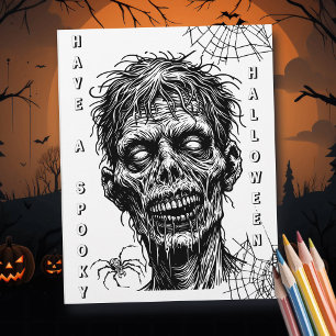 Halloween Zombie and Spider Colouring Page